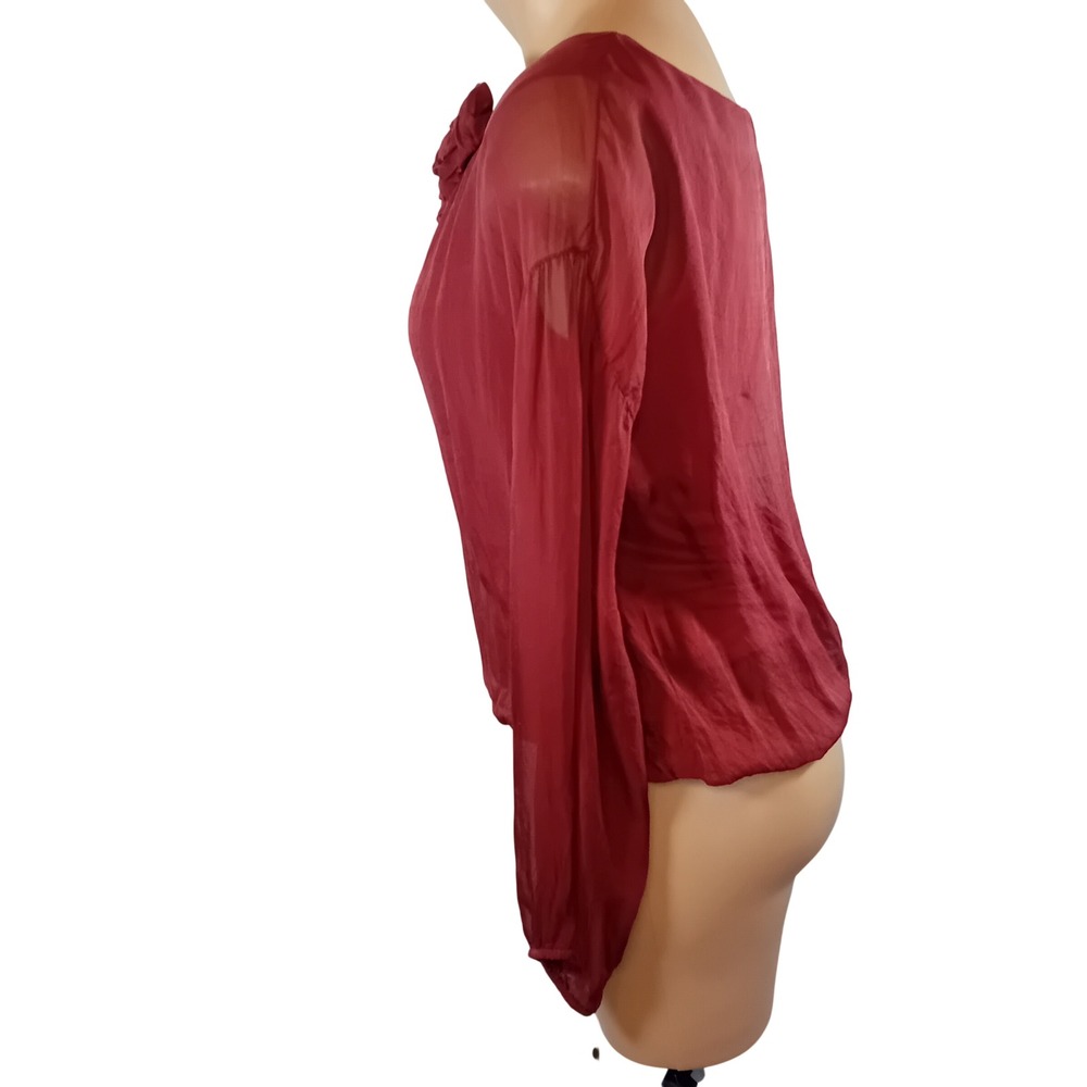 Y2K Femme Silk Blouson Hem Flowy Whimsigoth Burgundy Rose Blouse Sheer Sleeves M - Picture 4 of 16